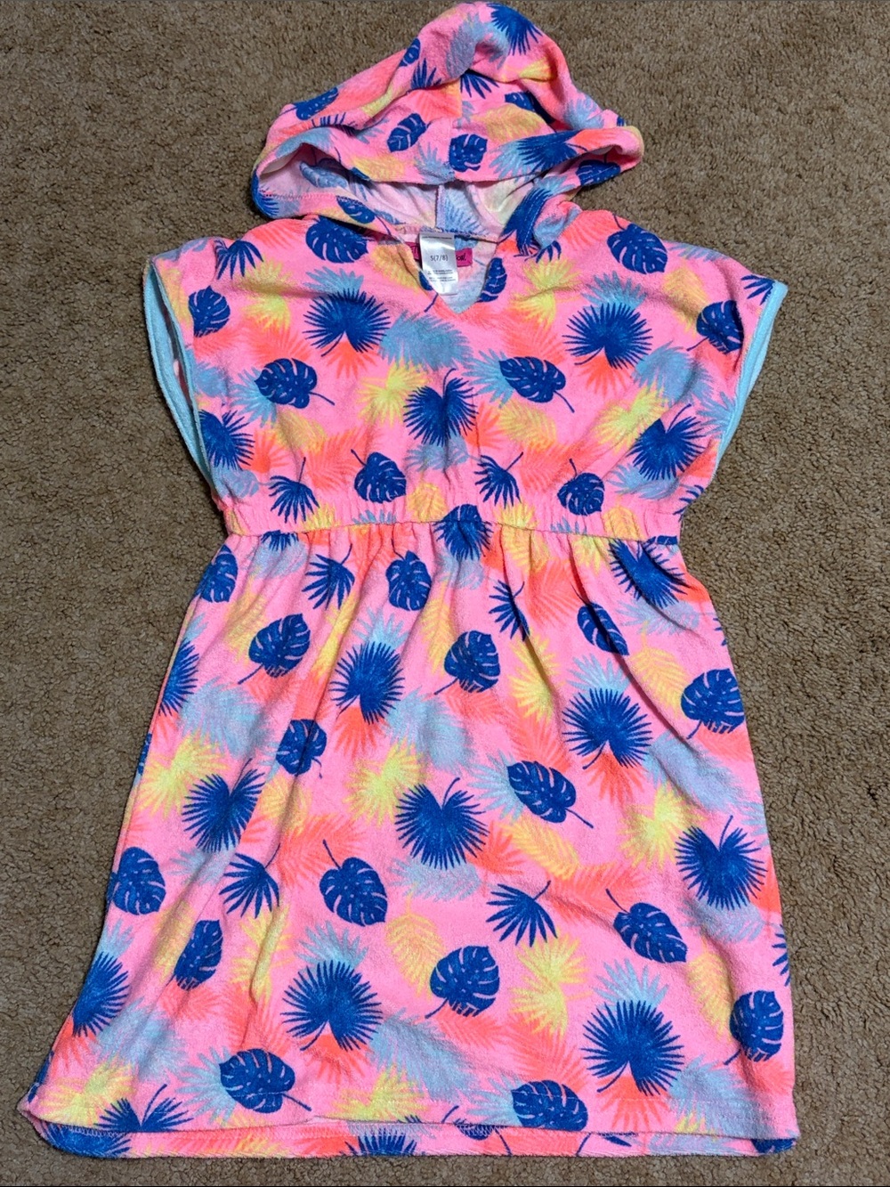 Betsey Johnson Hooded Beach Cover-Up with Blue and Yellow Tropical Leaf Print